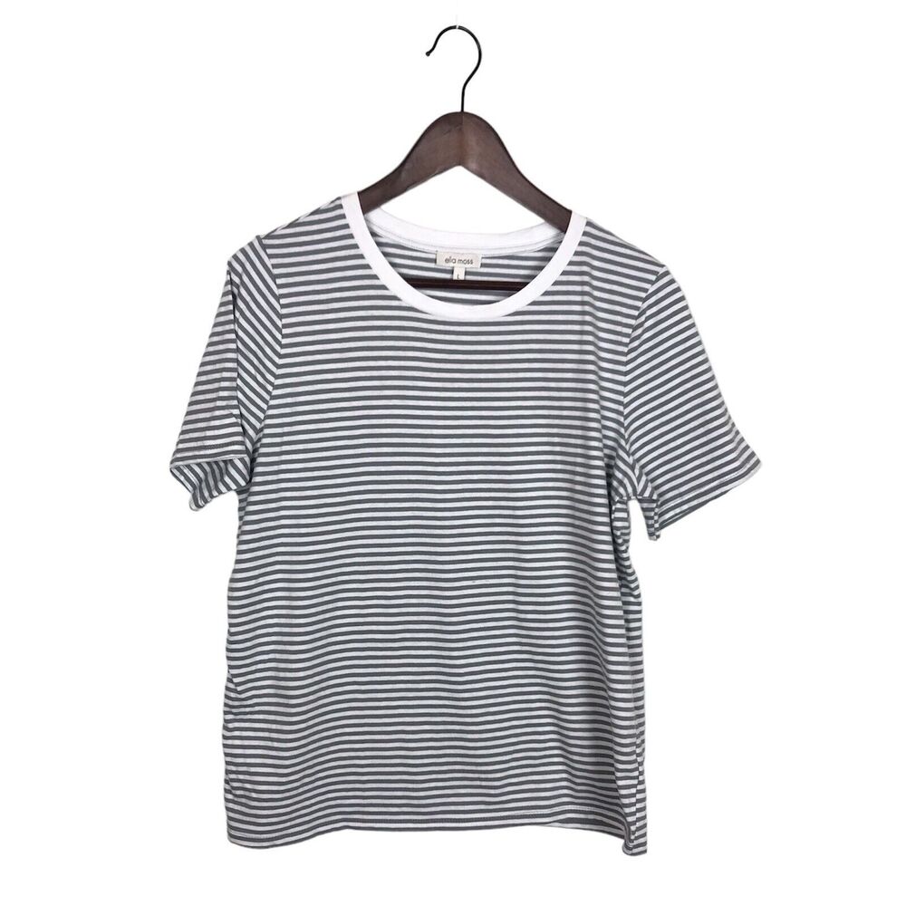 Ella Moss Gray White Striped Short Sleeve T-Shirt Women's Size Large